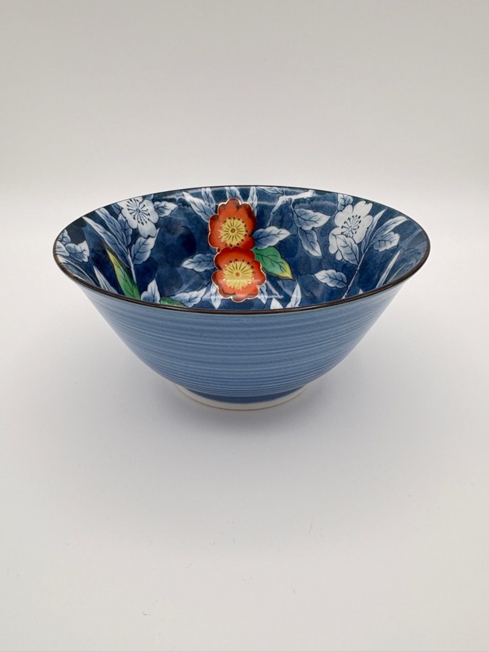 Japanese Blue Porcelain Rice Bowl Strawberry Floral 6” Signed